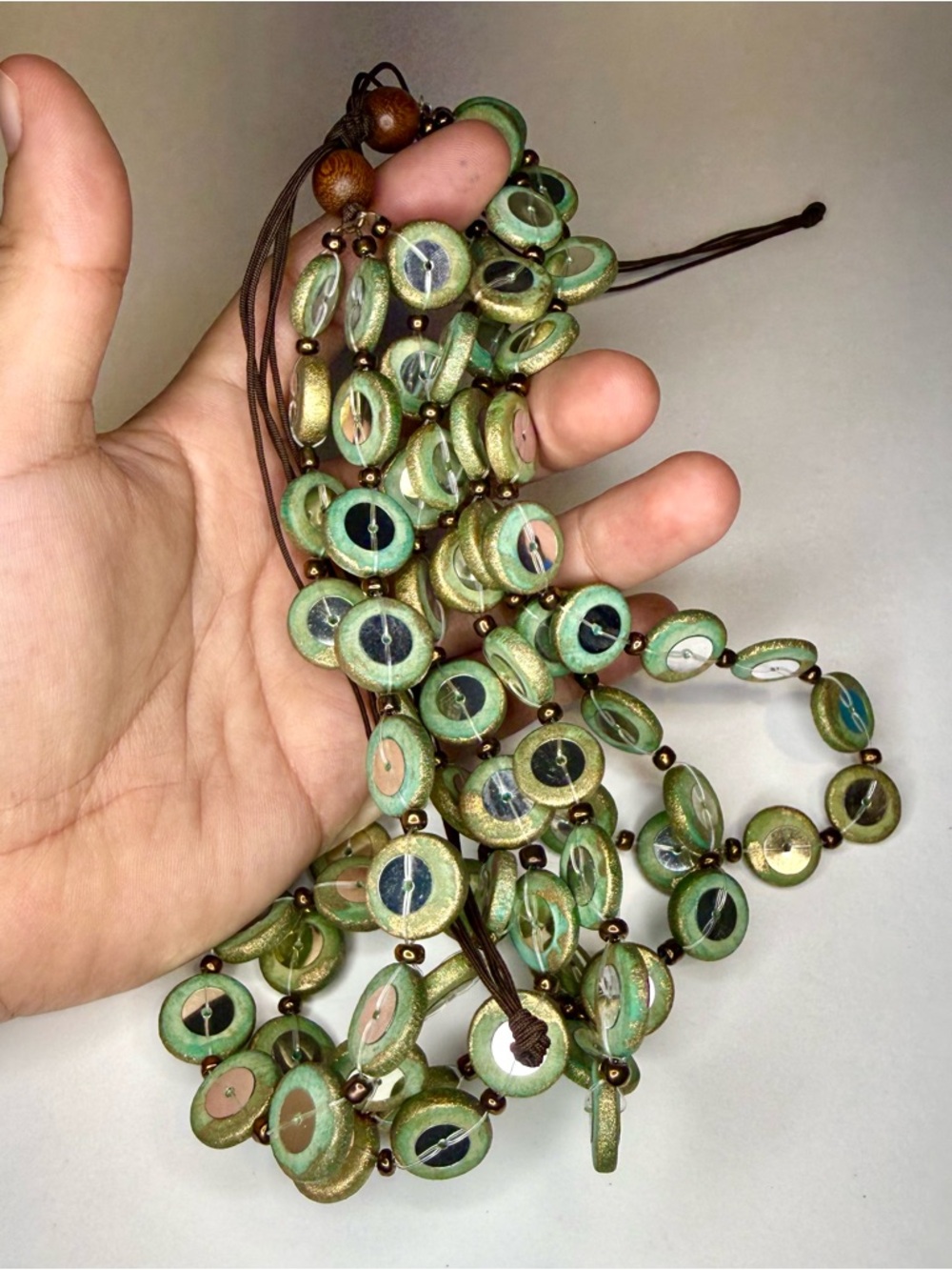 Bohemian Green and Gold Disc Bead Necklace - Unbranded